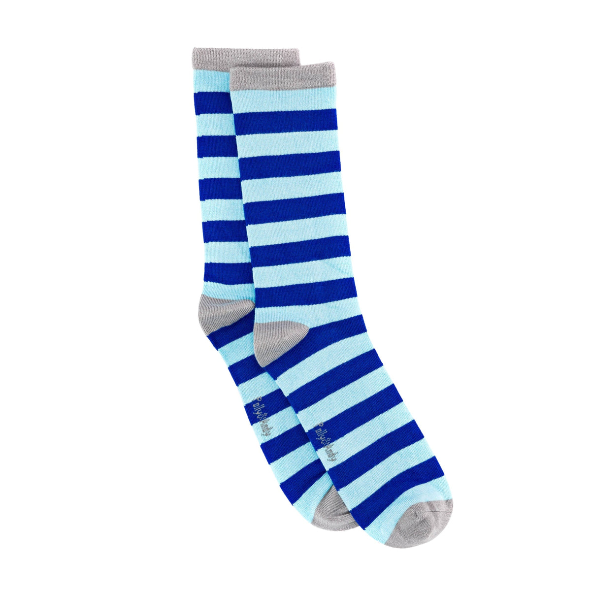 Multiple pairs of striped bamboo socks in shades of blue, gray, and light blue, seamless toe for comfortable wear.