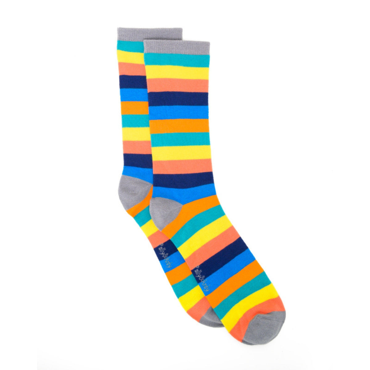 Close-up of rainbow bamboo socks showcasing colorful horizontal stripes in yellow, orange, blue, and gray, with seamless toe for added comfort.