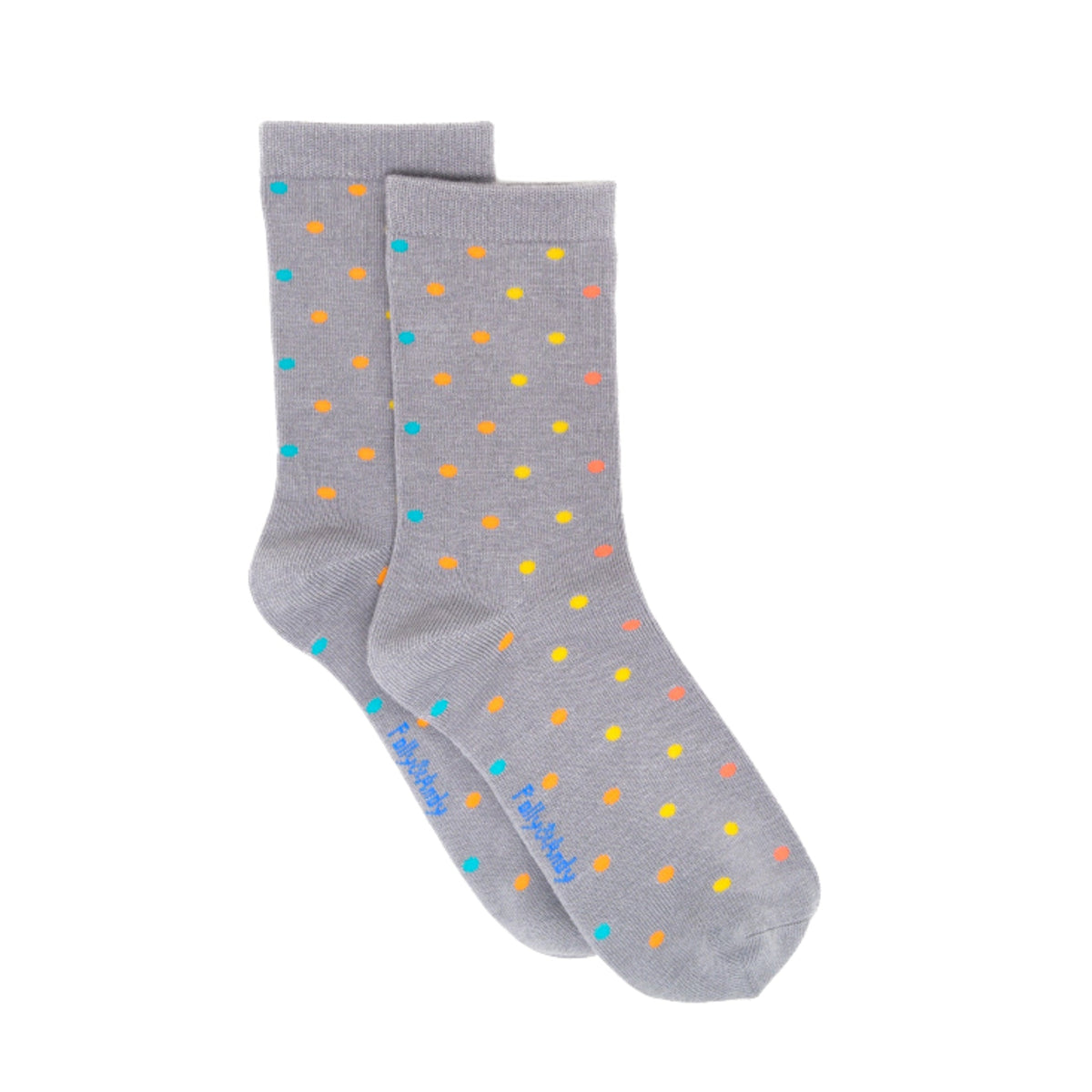 Front view of gray bamboo socks decorated with multicolored polka dots, seamless toe, lightweight and soft fabric, SKU: sku-42680516772074