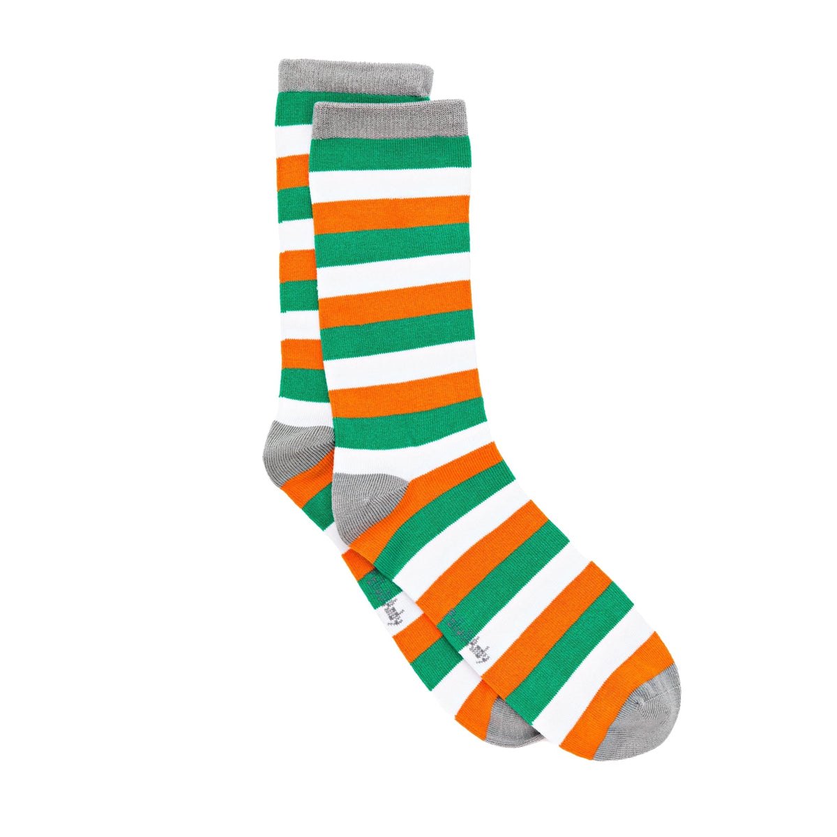 Bright striped bamboo socks with seamless toe, in gray, green, orange, white, and black, ideal for casual wear